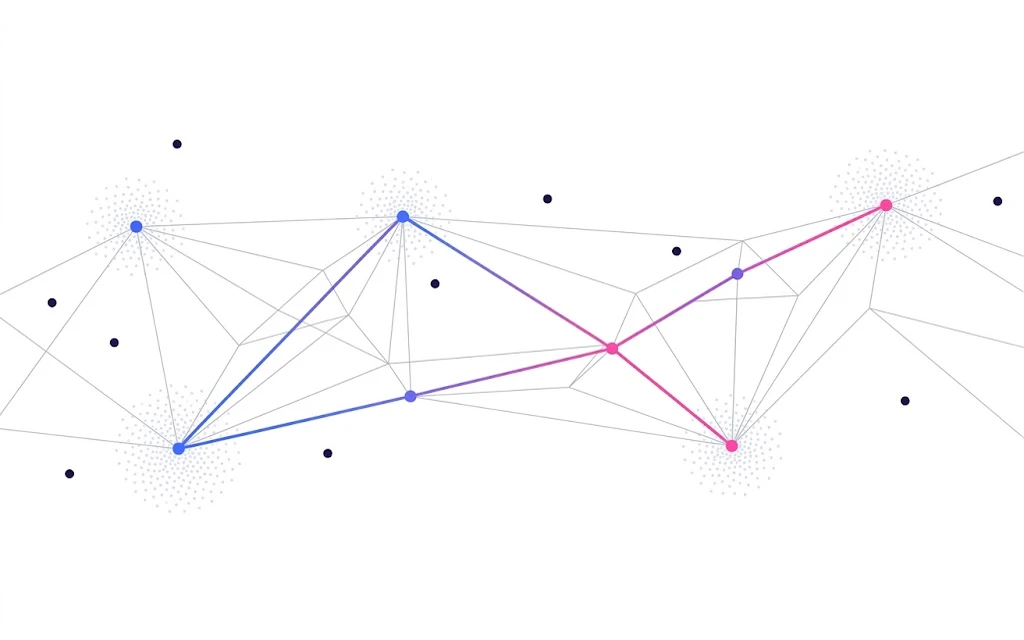 Clusters of tiny dots gathered around larger nodes, connected by straight lines, some glowing blue to pink.