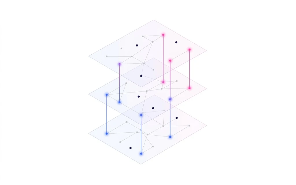 Three stacked translucent layers, each with its own small network, linked by vertical lines glowing from blue at the bottom to pink at the top.